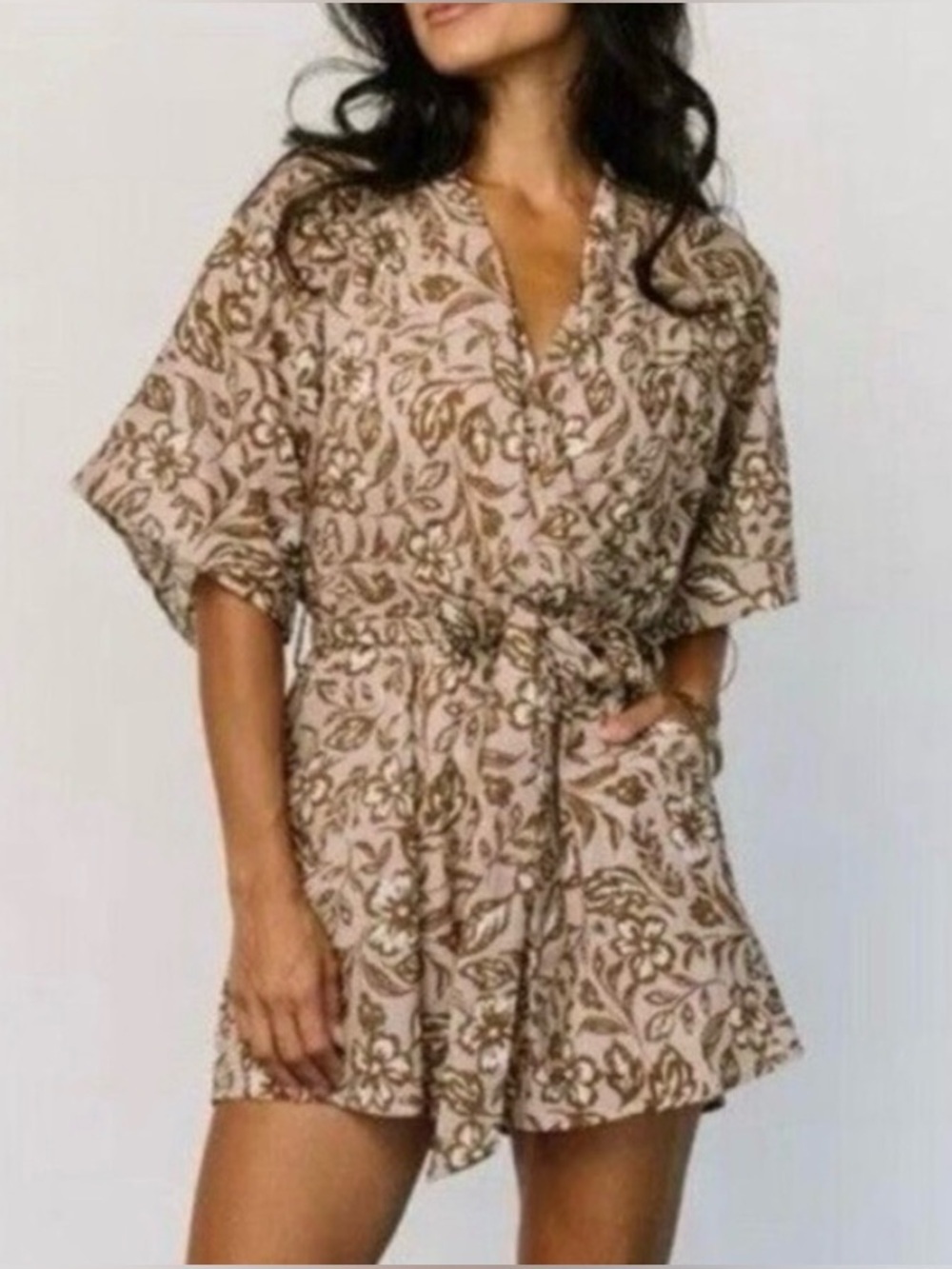 New Baltic Born Connor Romper Taupe Floral Short Sleeves Belted Pockets Small